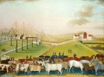 Oil on canvas with sprawling farmland dotted with house, barn, and several farm buildings in the background. A crowded row of various farm animals stretching the length of the painting in the foreground. 